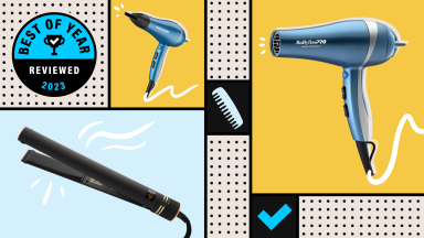 Blue and yellow photo collage showcasing the BaBylissPRO Nano Titanium dryer, a cartoon comb, a blue check mark, and the Hot Tools Pro Artist Black Gold Evolve Ionic Salon Hair flat iron.