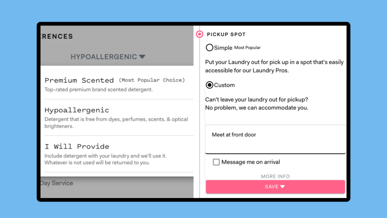 On the left, a screenshot of detergent preferences and on the right, a screenshot of pick-up preferences.