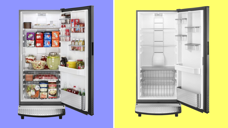 Product shot of the opened Gladiator GARF30FDGB refrigerator featuring food on top of inside shelves.