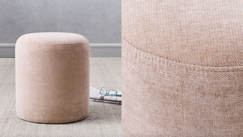 Velvet circular ottoman on floor.