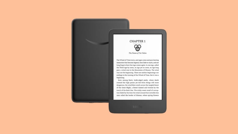 Front and back of am Amazon Kindle against peach background