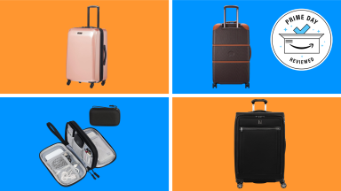 A colorful collage with luggage and suitcases next to a Prime Day badge.