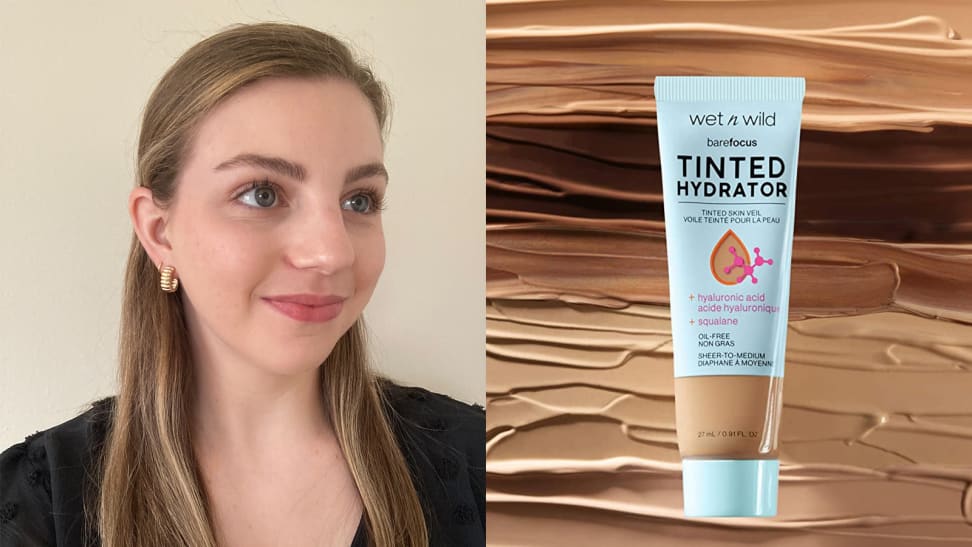 On the left: The author looking away from the camera and smiling while wearing makeup on her skin. On the right: The Wet n Wild Tinted Hydrator Tinted Skin Veil in its tube with swatches of the moisturizer in different skin tones behind it.