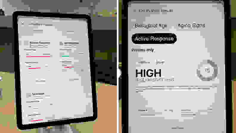 Side-by-side of tablet screens showing test results
