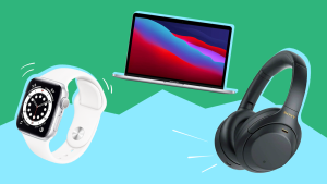 A white banded Apple Watch sits next to a slim and silver laptop and a pair of all-black Sony WF-1000XM4 headphones in front of a green and blue background with a Best of Year 2021 logo in the middle