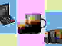Two boxes of Nespresso capsules surrounding two mugs filled with crema-topped coffee on a colorful background.