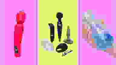 A red wand, sex toy kit, and blue fleshlight in front of pink and yellow background.
