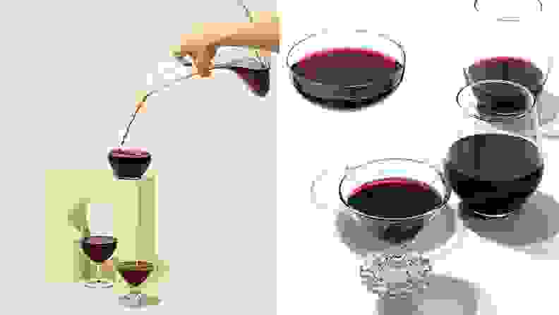 On left, a hand pouring a glass of red wine from a decanter. Three wine glasses sit on and around a funky green shape. On right, several glasses of red wine in different shaped glasses.