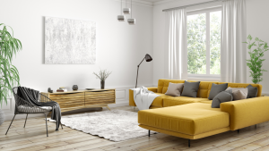 一个现代的客厅，黄色的沙发，白色的地毯，和其他现代的口音