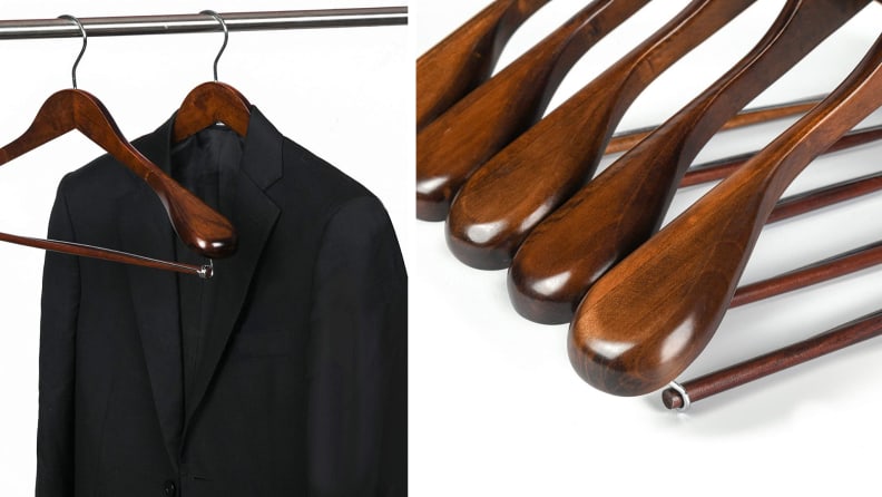 On left, wooden hanger hanging while holding black suit jacket. On right, close up of dark wooden hangers.
