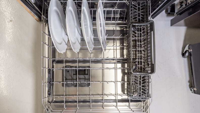 Close-up of the lower rack in the Whirlpool WDT750SAKZ dishwasher, with some of the bowls lined up at the back.