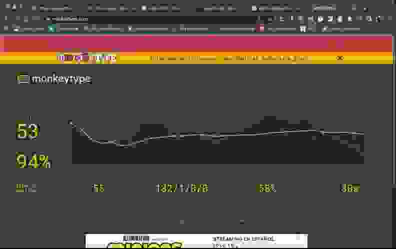 The Monkeytype website giving results from the keyboard typing.