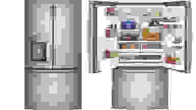 Two GE fridges side by side in a white void. On the left the door is closed, showing off its stainless steel facade and through-the-door dispenser. On the right its doors are open, showcasing all the food stored along its shelves and bins.