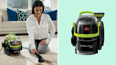 A collage with a woman using the Bissell Little Green Pro Portable Carpet Cleaner.