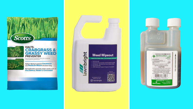 Three product shots of  Scotts Halts Crabgrass & Grassy Weed Preventer, Lawnbright Pre-Emergent Weed Control, and the Primesource Quinclorac Liquid Crabgrass Killer.