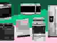 An assortment of home appliances against a green background.