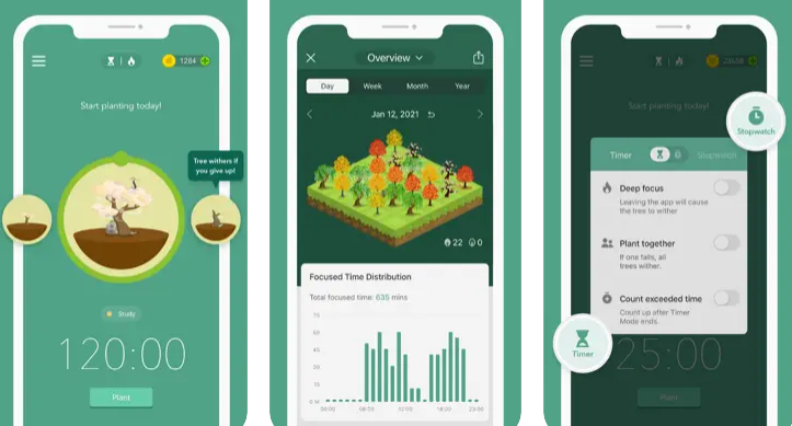 Image of a productivity app that shows screentime statistics and images of a virtual forest