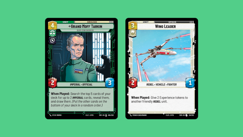 Two sample cards, Grand Moff Tarkin and Wing Leader, from the Star Wars Unlimited card game on a green background.