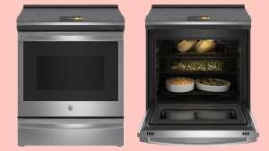 Two images of the GE Profile PHS93XYPFS Slide-in Induction Range against a pink background.