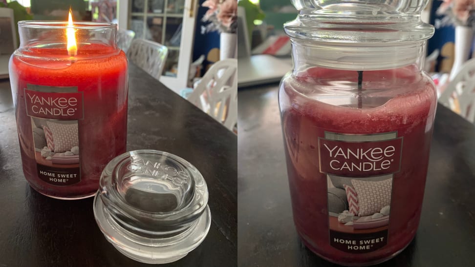 On left, burning "Home Sweet Home" by Yankee Candle. On right, "Home Sweet Home" by Yankee Candle with lid on.