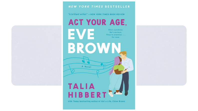 "Act Your Age" book cover shows illustration  of woman kissing a man, with music notes in the background