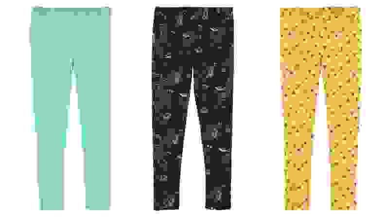Image of three sets of leggings: turquoise, black, and yellow