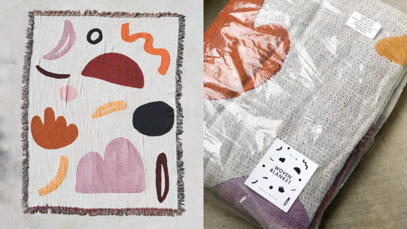 Left: full photo of the colorful Dreamsy blanket, Right: blanket in packaging