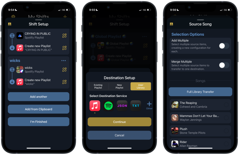 Songshift应用程序的三个截图，显示了设置过程的完成，设置了目的地，并启动了完整的库传输。