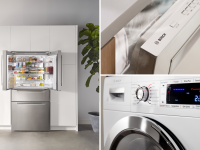 A Bosch refrigerator, dishwasher, and washer