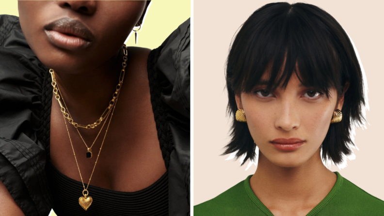 Collage of two women wearing a necklace and earrings from Missoma