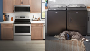 A collage with a Maytag Power Stack and washer-dryer combo with a dog in front.