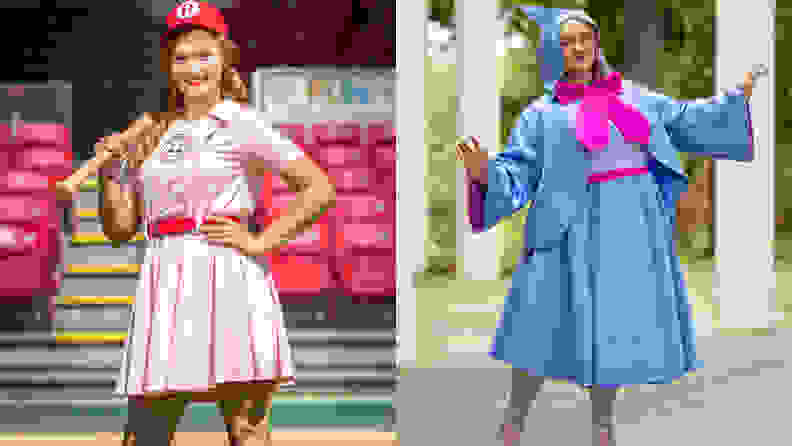 A woman wearing a baseball costume on the left and a person wearing a fairy godmother outfit on the right