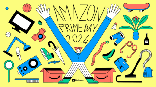 An illustration of a person celebrating featuring the words Amazon Prime Day 2024 at the center with shopping products all around.