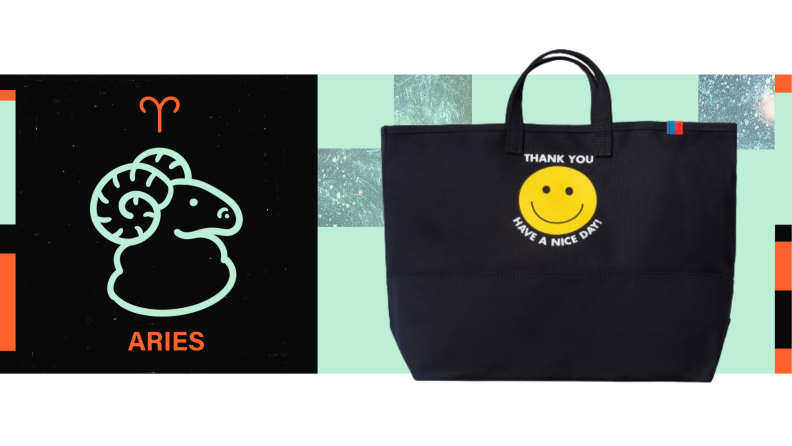 On the left is the symbol for Aries, and on the right is a black tote bag printed with a yellow happy face and the words “Thank you Have a nice day!”