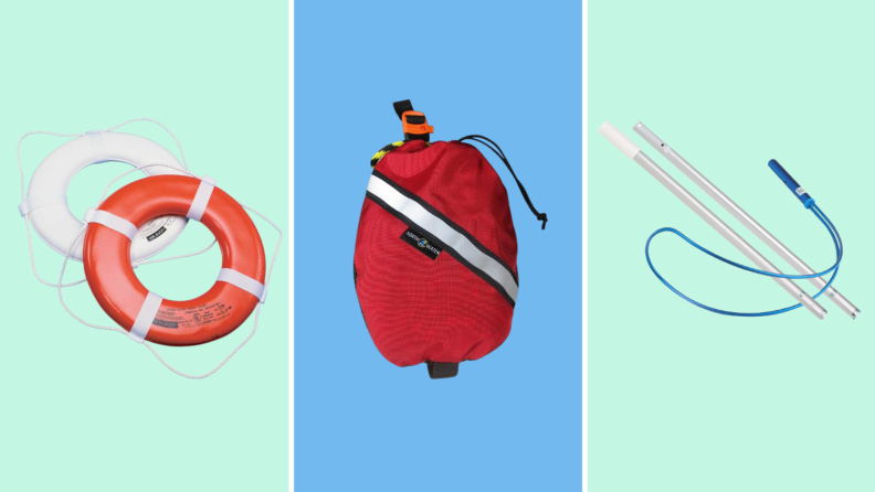 Orange buoy and white buoy against cyan background; red throw line bag against blue background; pool hook against cyan background