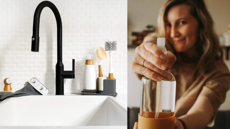 Sink and a woman spraying a bottle of cleaner.