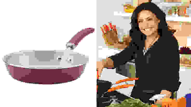 Left: saute pan, right: rachael ray in kitchen