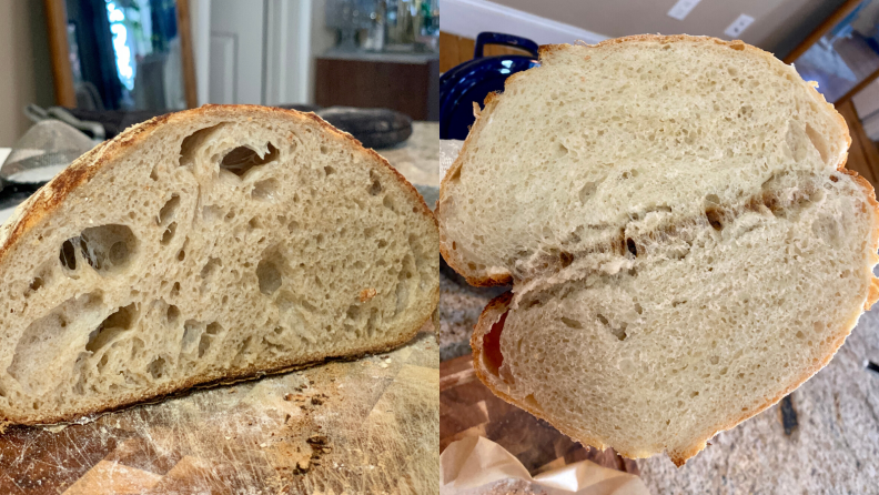 Sourdough bread (left) has more air pockets and is chewier in texture compare to this yeast bread (right).