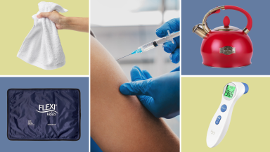 Photo collage of person holding white terrycloth rag, a navy blue ice pack, a person getting a shot from a medical professional in the arm, a red tea kettle and a forehead thermometer.