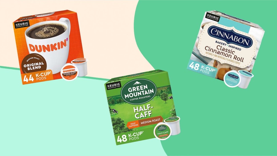 Boxes of K-cup coffee in front of green background.