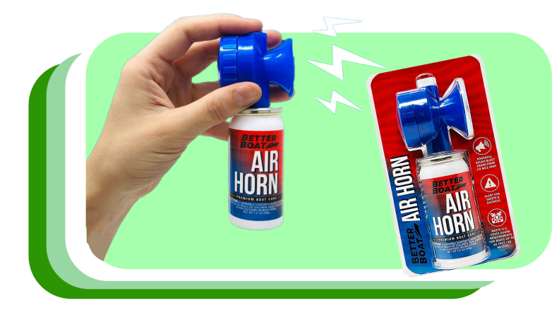 Hand holding airhorn can next to packaged airhorn.