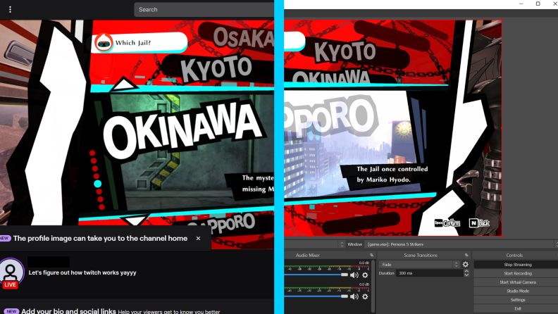 Side by side of Twitch stream and OBS preview