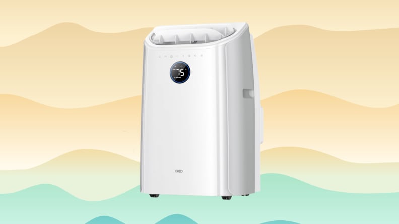 A portable air condition on an orange and blue background