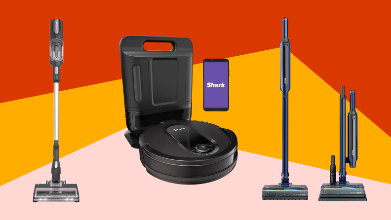 A stick vacuum, a robot vacuum with base, and some vacuum attachments against a pink, gold, and red background.