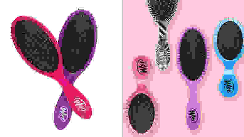 On the left: A pink Wet Brush's handle is criss-crossed with a purple Wet Brush on a white background. On the right: Colorful Wet Brushes of different sizes lay on a light pink background.