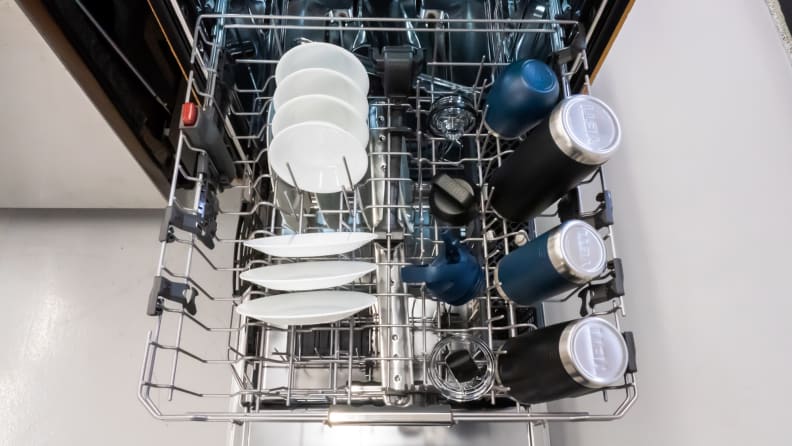 A shot of the Yeti cups we tested loaded into our test dishwasher.