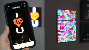 On left, person holding up smartphone in front of Twinkly Squares LED panels. On right, colorful LED light panels mounted on wall.