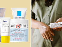 On left, three containers of hand cream on a colorful background. On right, a woman squirts some hand cream onto her hand