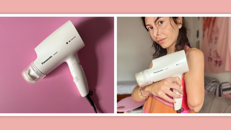 On left, product shot of the white Panasonic hair dryer. On right, person holding up Panasonic Nanoe hair dryer next to bicep for sizing scale.