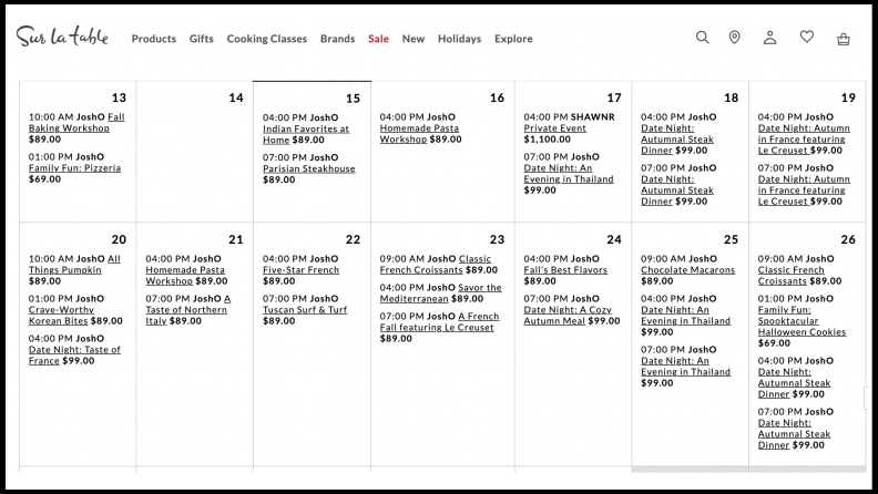 Calendar view of Sur La Table in-store classes.